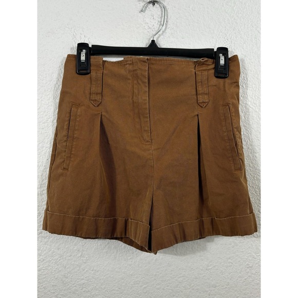 Sezane Shorts Womens 34 Brown High Rise Pleated Lyocell Cotton Blend Pockets